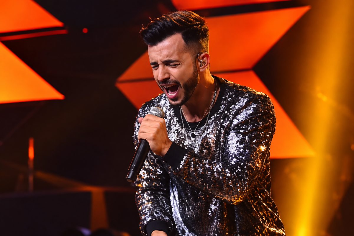 Ronie Suárez cantando com entrega no palco sob luzes âmbar.