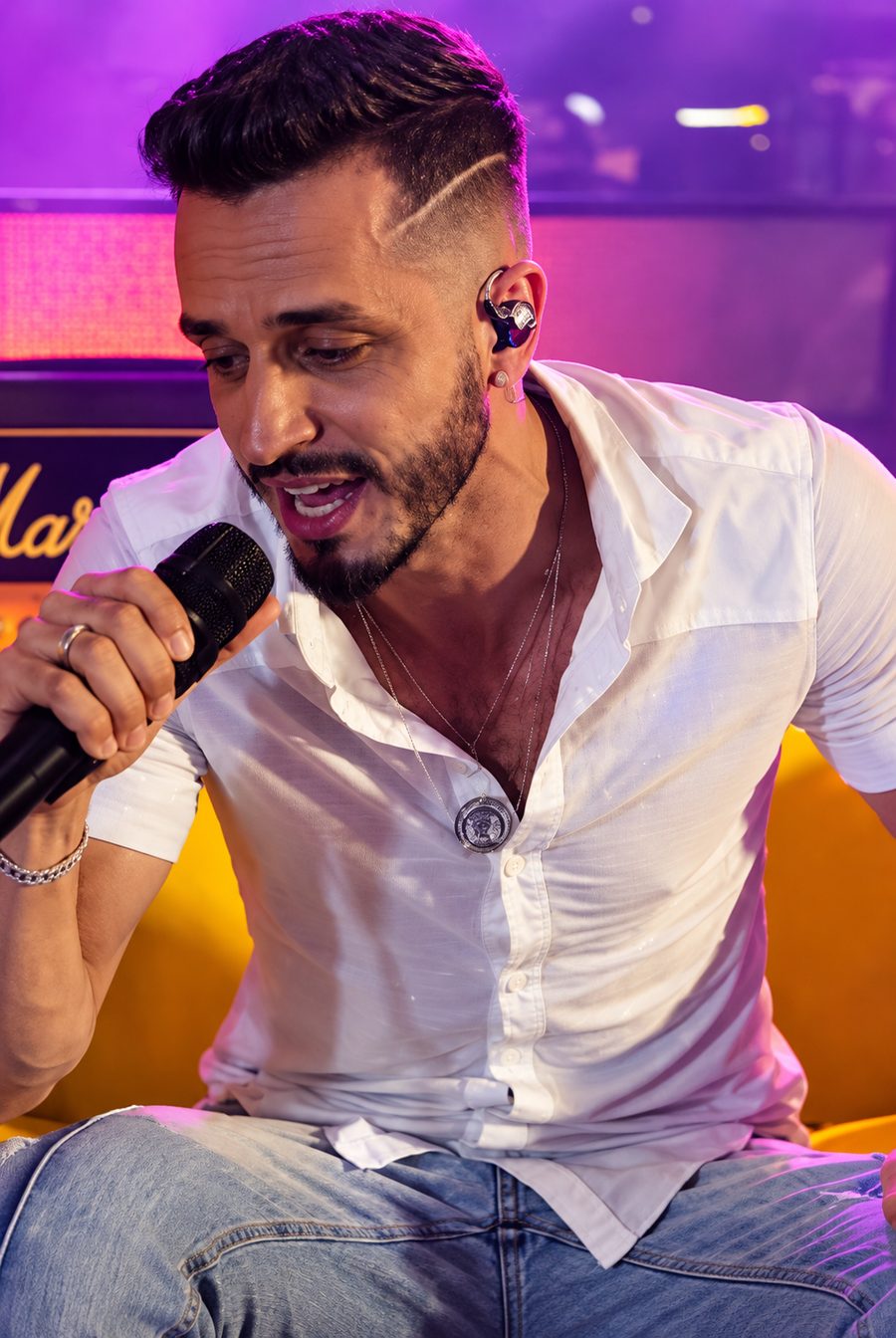 Ronie Suárez de camisa branca em momento intimista no palco sob luz neon.